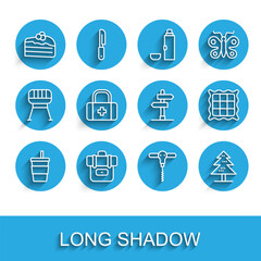 Set line Paper glass with water, Hiking backpack, Piece of cake, Wine corkscrew, Tree, First aid kit, Checkered napkin and Road traffic sign icon. Vector