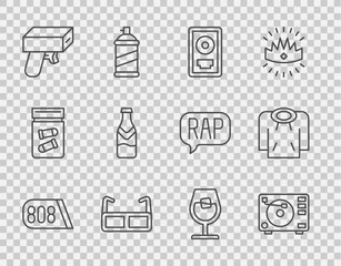 Set line Drum machine music, Vinyl player with vinyl disk, CD award frame, Glasses, Money gun, Beer bottle, Wine glass and Hoodie icon. Vector