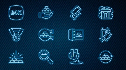 Set line Gold exchange money, bars, Jewelry store, medal, 24k, Safe with gold and in hand icon. Vector