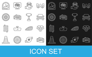Set line Check engine, Power car, Car, Auto service check automotive, Alloy wheel for, Motor gas gauge and Gear shifter icon. Vector