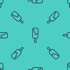 Black line Ice cream icon isolated seamless pattern on green background. Sweet symbol. Vector