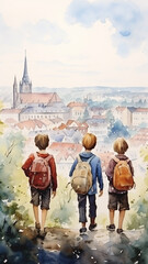 vertical narrow view from the back children go to school against the background of an old European city in the style of a watercolor painting