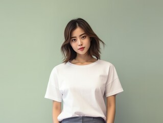 Obraz premium Portrait of a beautiful asian woman in white t-shirt. generative ai 