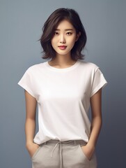Fototapeta premium Portrait of a beautiful asian woman in white t-shirt. generative ai 
