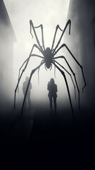vertical narrow image of arachnophobia in the night fog, spider shadows and fear horror