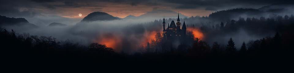a long narrow panoramic view of the night forest in the mountains and a glowing fairy-tale castle in the fog, a fairy tale of old Europe - obrazy, fototapety, plakaty