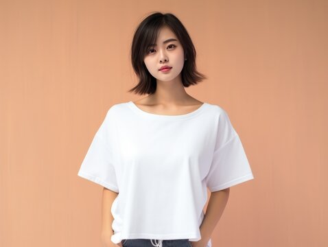 Portrait of a beautiful asian woman in white t-shirt. generative ai 