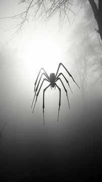 vertical narrow image of arachnophobia in the night fog, spider shadows and fear horror