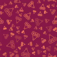 Brown line Hanging sign with text Open door icon isolated seamless pattern on red background. Vector