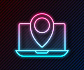 Glowing neon line Laptop with location marker icon isolated on black background. Vector