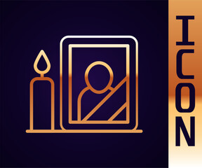 Gold line Mourning photo frame with black ribbon icon isolated on black background. Funeral ceremony and condolence card layout. Vector