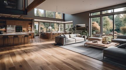 Beautiful living room interior in new luxury home with open concept floor plan. Shows kitchen, dining room, and wall of windows with amazing exterior. - obrazy, fototapety, plakaty