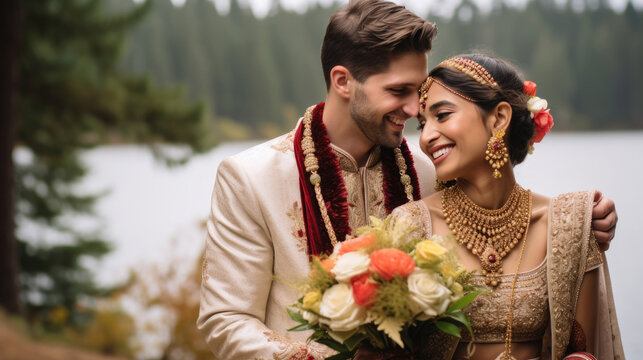 Indian Happy bride and groom after wedding ceremony