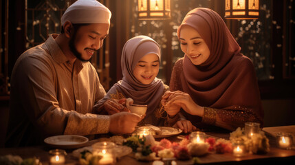 Asian Muslim beautiful woman family making iftar dua to break fasting during Ramadan - obrazy, fototapety, plakaty