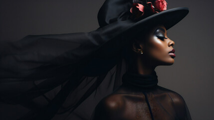 Black Dark high fashion portrait with empty copy space on the side. Generative AI. 