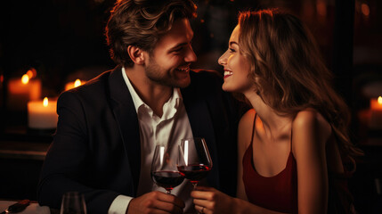 Beautiful young couple with glasses of red wine in luxury restaurant © Sasint