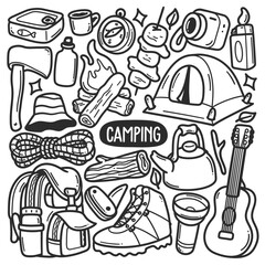 Camping Stickers Hand Drawn Doodle Coloring Vector