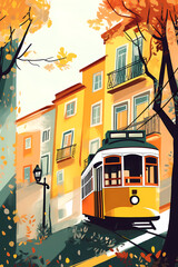 Obraz premium Illustration of a portuguese city with a tram, Portugal
