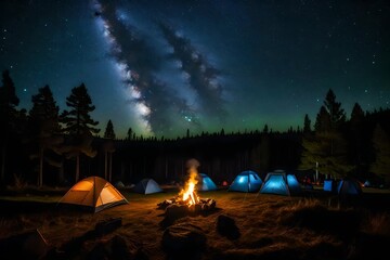 a campsite nestled beneath a twinkling, star-filled night sky, with a crackling campfire casting a warm glow
