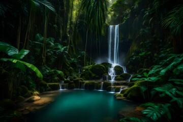 Fototapeta na wymiar a hidden waterfall oasis in the heart of a dense, vibrant jungle, conveying the thrill of uncovering hidden gems