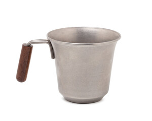 Steel travel cup, An all-metal multiple purpose mug with wooden handle isolated on white background.