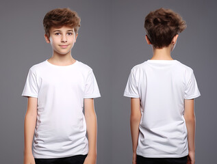 Front and back views of a little boy wearing a white T-shirt