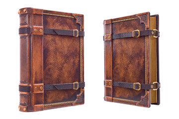 Aged Leather Book Cover with Distinctive Closure Belts - Isolated Capture
