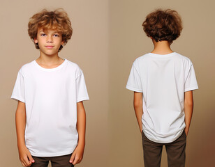 Front and back views of a little boy wearing a white T-shirt