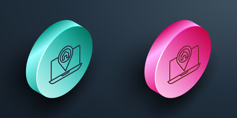 Isometric line Infographic of city map navigation icon isolated on black background. Laptop App Interface concept design. Geolocation concept. Turquoise and pink circle button. Vector