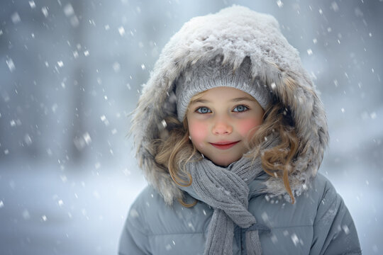 Cute young girl wearing warm winter clothes standing in the snowfall