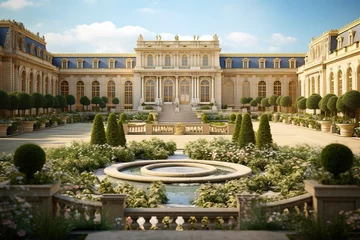 Papier Peint photo Paris Garden and facade of the palace of versailles. Beautiful gardens outdoors near Paris, France. The Palace Versailles was a royal chateau and was added to the UNESCO list. Generative AI