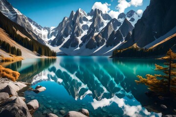 a pristine alpine lake surrounded by towering peaks, with the mirror-like surface of the water reflecting the breathtaking scenery.