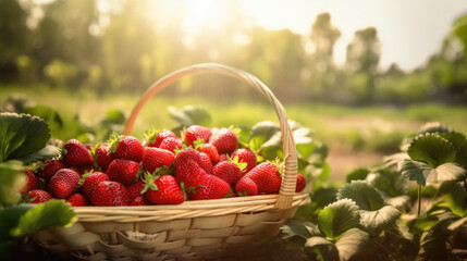 Fototapeta na wymiar Strawberry field on fruit farm. Fresh ripe organic strawberry in basket