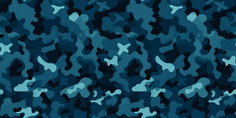 Petrol blue camouflage seamless pattern. Camo print fabric textile print. Mosaic military background.