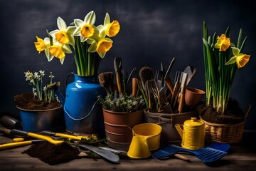 A bouquet of daffodils and hyacinths placed beside a collection of gardening tools