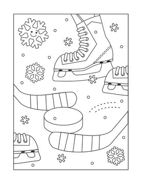 Coloring page with ice hockey sticks, puck and skates

