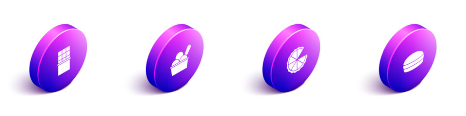 Set Isometric Chocolate bar, Ice cream in bowl, Homemade pie and Macaron cookie icon. Vector