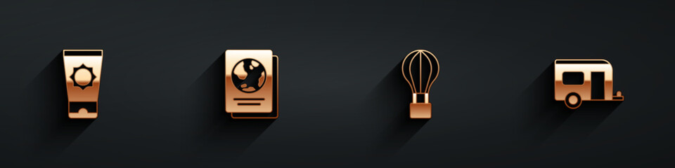 Set Sunscreen cream in tube, Passport, Hot air balloon and Rv Camping trailer icon with long shadow. Vector