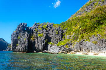 Landscapes in El Nido Palawan, Philipines. Islets covered in lush green trees
