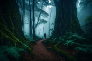Obraz premium a lone explorer amidst ancient trees and misty pathways, capturing the enchantment of a forest expedition