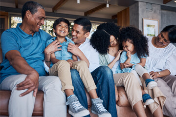 Laughing, big family and on a home sofa for conversation, visit or bonding. Happy, together and parents, children and grandparents on a couch for a joke, comedy or communication in the living room