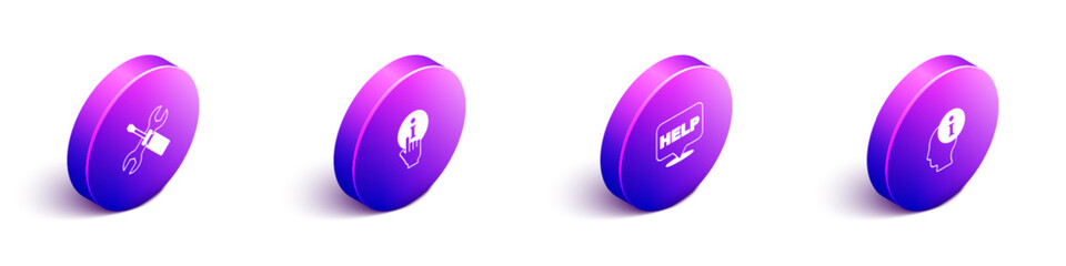Set Isometric Screwdriver and wrench spanner, Information, Speech bubble with text Help and icon. Vector