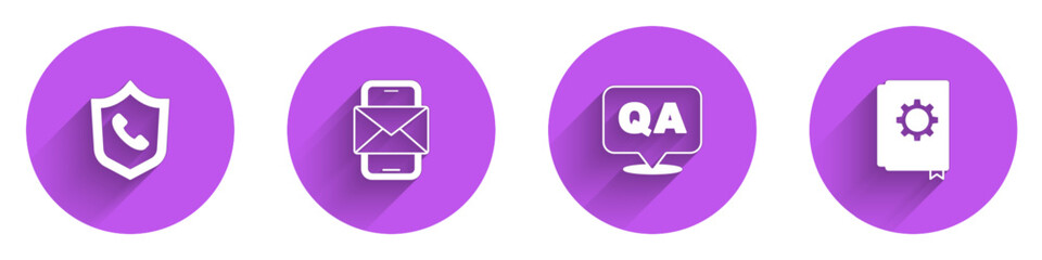 Set Telephone 24 hours support, Mobile and envelope, Question Answer and User manual icon with long shadow. Vector