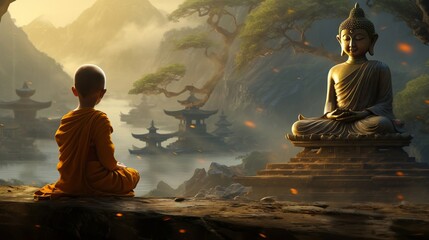 a little monk meditating, praying in front of lord budda statute, Buddhism Buddhist , zen meditation  - obrazy, fototapety, plakaty