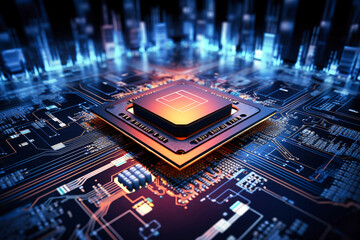A powerful computer processor or chip on a motherboard. Modern technologies. Blue background.