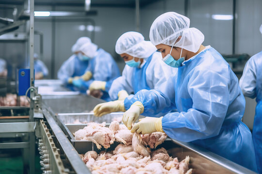 Poultry farm for the production of chicken meat. Industrial production and packaging of chicken meat. People process and sort chicken meat on a conveyor. modern food industry.
