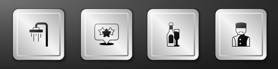 Set Shower, Stars rating, Champagne bottle with glass and Concierge icon. Silver square button. Vector