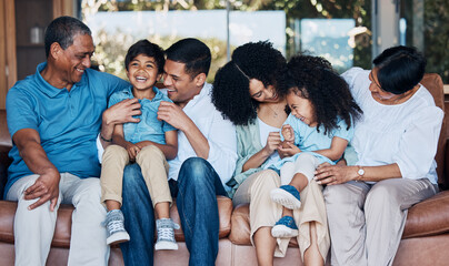 Smile, tickle and relax with big family on sofa for happy, bonding and peace. Love, generations and...