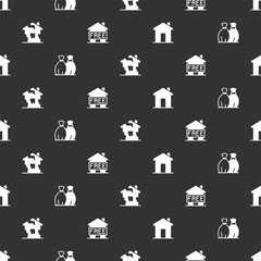 Set Real estate, Garbage bag, Ruined house and Shelter for homeless on seamless pattern. Vector