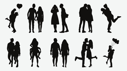 Captivating Silhouette Set, Expressive Loving Man and Woman in Various Poses and Emotions